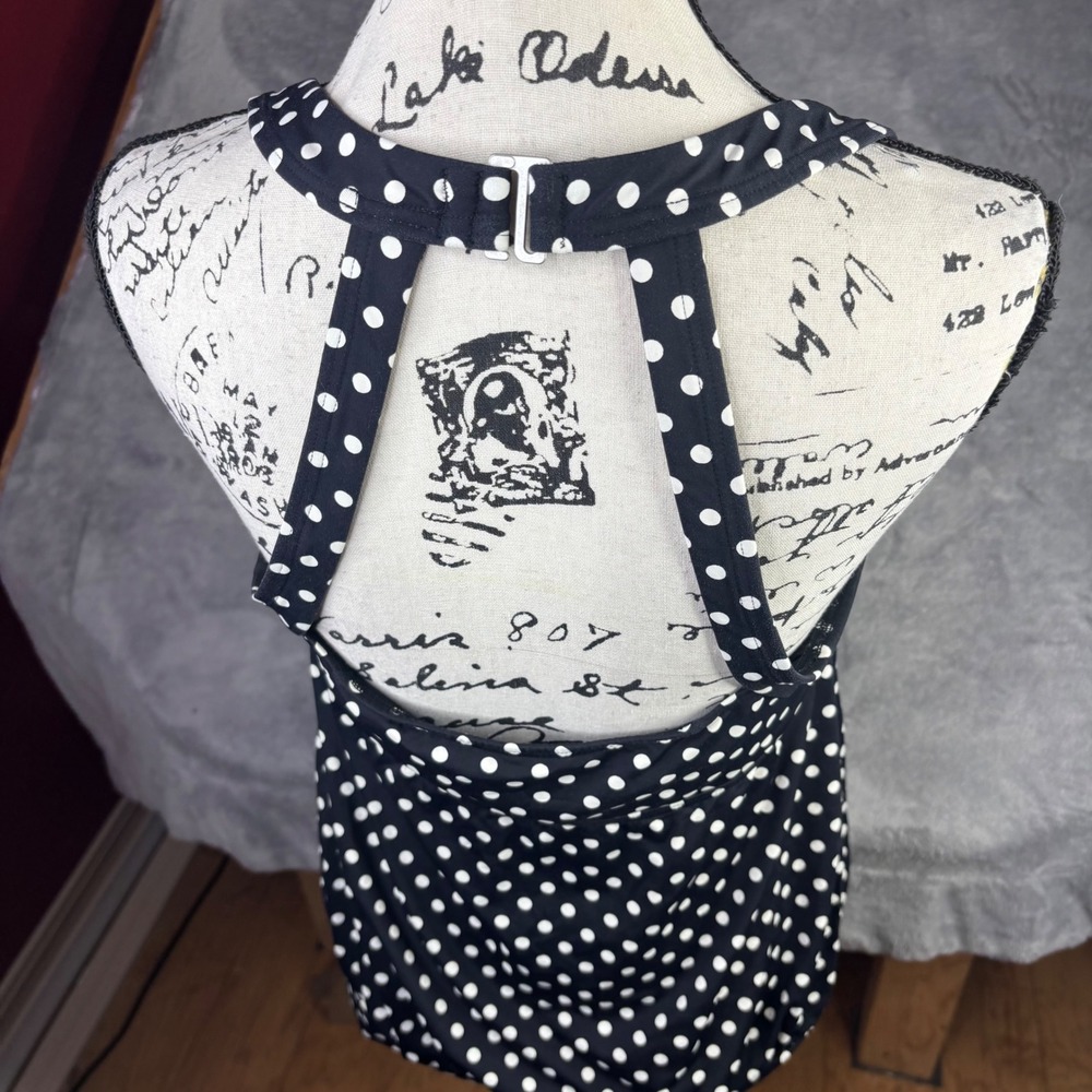 Lands End Tankini Top Womens 12 Black White Polka Dot Halter Built-in Bra Retro - Picture 2 of 14